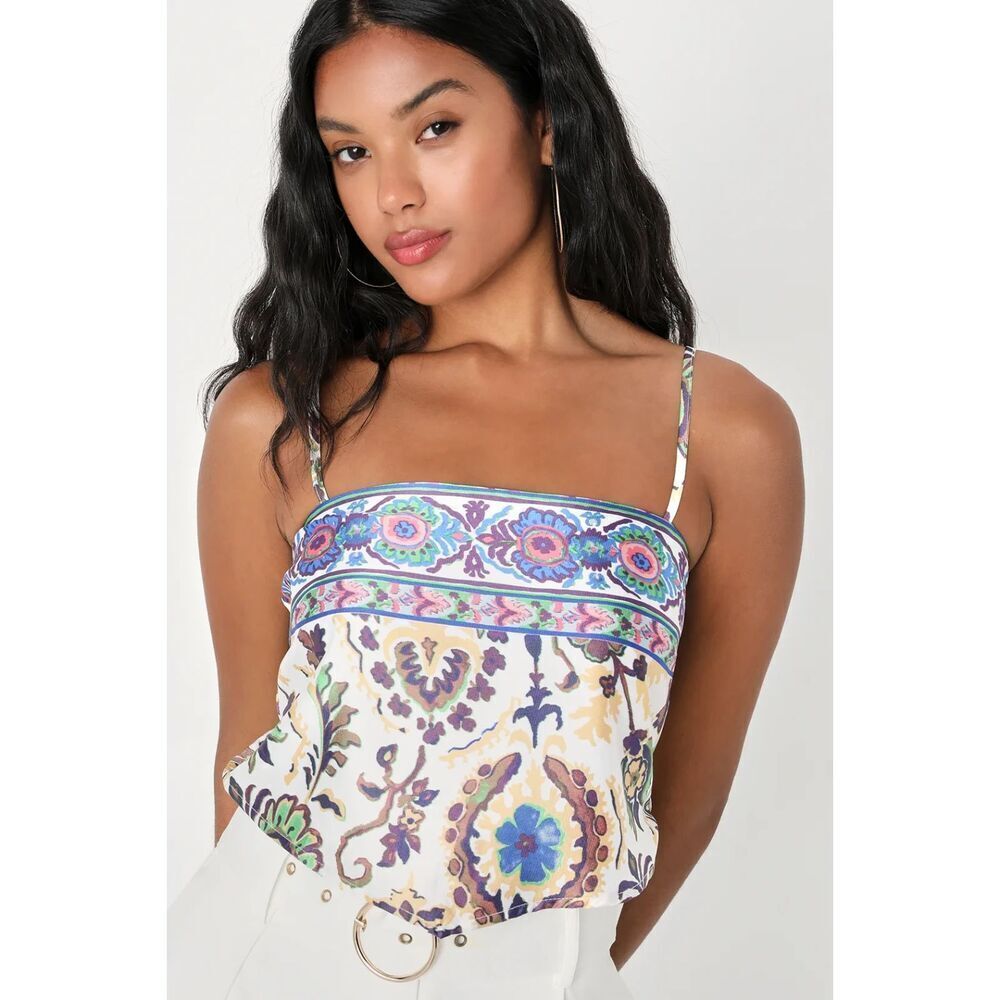 LULUS Sweetest Aesthetic White Paisley Handkerchief Festival Crop Top Medium